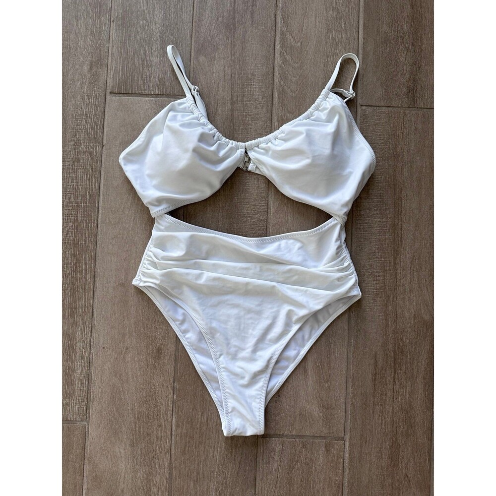 Blooming Jelly XL White Cutout One Piece Swimsuit Ruched Adjustable Straps NWT